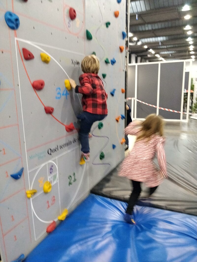 Foto van spelende kinderen bij de wiskunde klimmuur van de STEM speeltuin op het I Love Science festival
